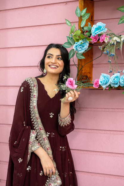 Maroon Flared Flared Anarkali Gown with Multicolor Mirror Embroidered Border and Dupatta