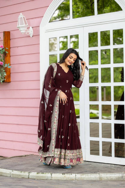 Maroon Flared Flared Anarkali Gown with Multicolor Mirror Embroidered Border and Dupatta