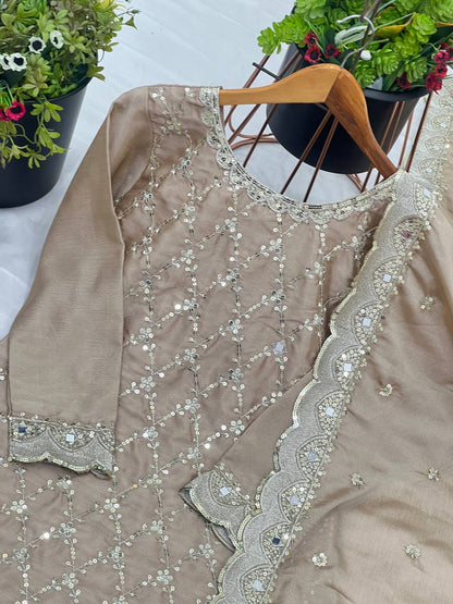 Champagne Gold Heavy Embroidered Straight Suit with Palazzo & Dupatta