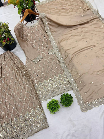 Champagne Gold Heavy Embroidered Straight Suit with Palazzo & Dupatta