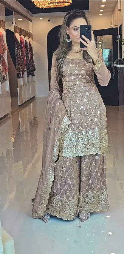 Taupe Embroidered Sharara Suit with Gold Zari and Sequin Detailing