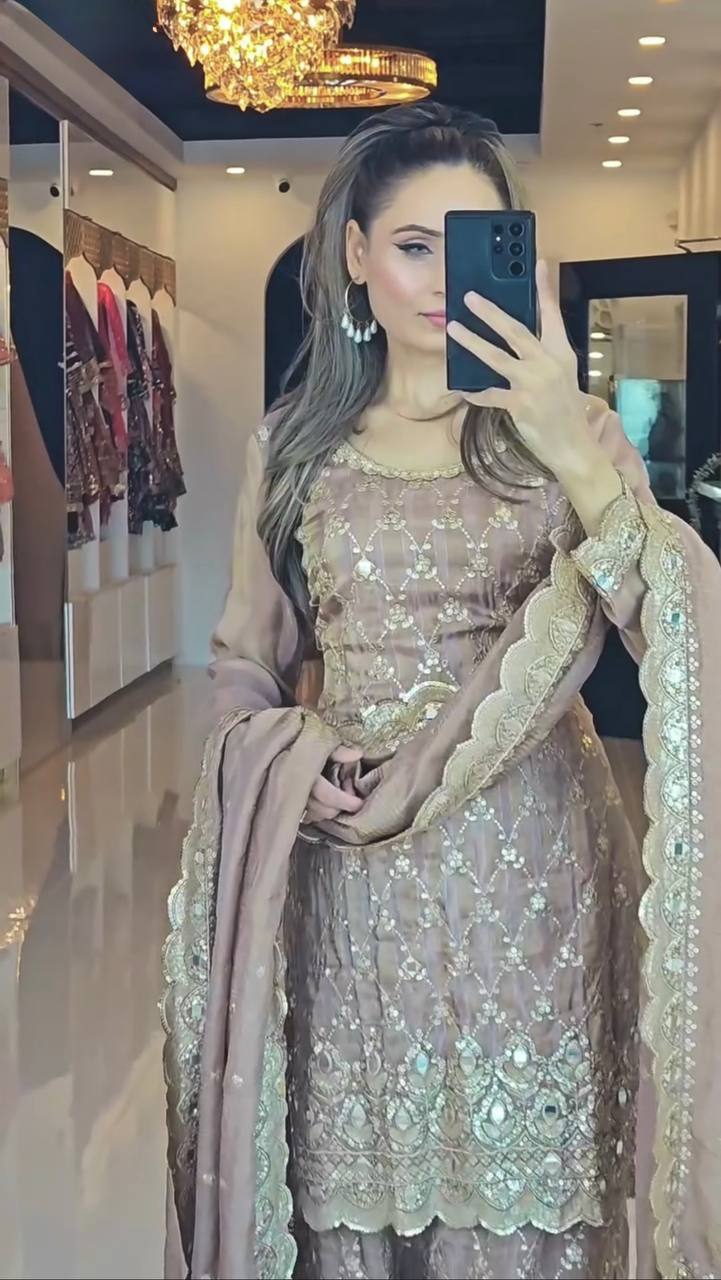 Taupe Embroidered Sharara Suit with Gold Zari and Sequin Detailing