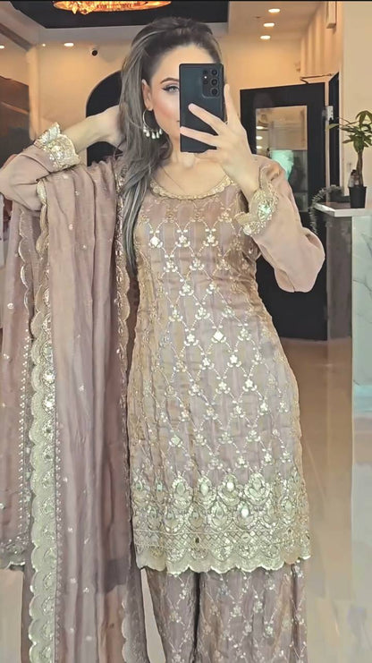 Taupe Embroidered Sharara Suit with Gold Zari and Sequin Detailing