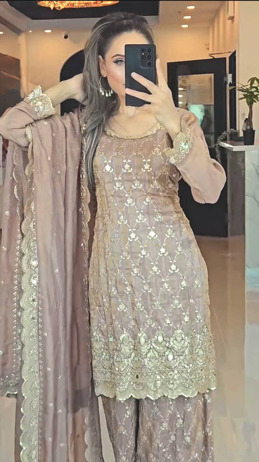 Taupe Embroidered Sharara Suit with Gold Zari and Sequin Detailing