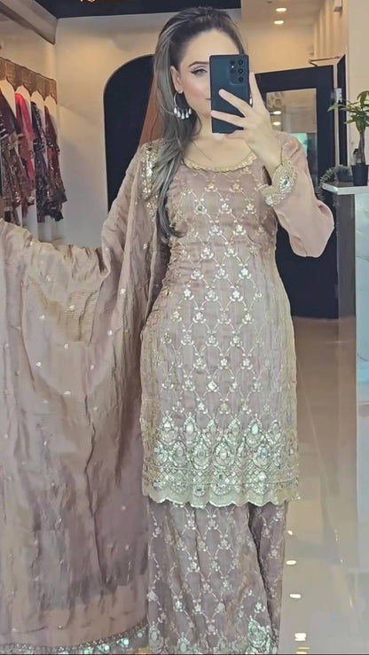 Taupe Embroidered Sharara Suit with Gold Zari and Sequin Detailing