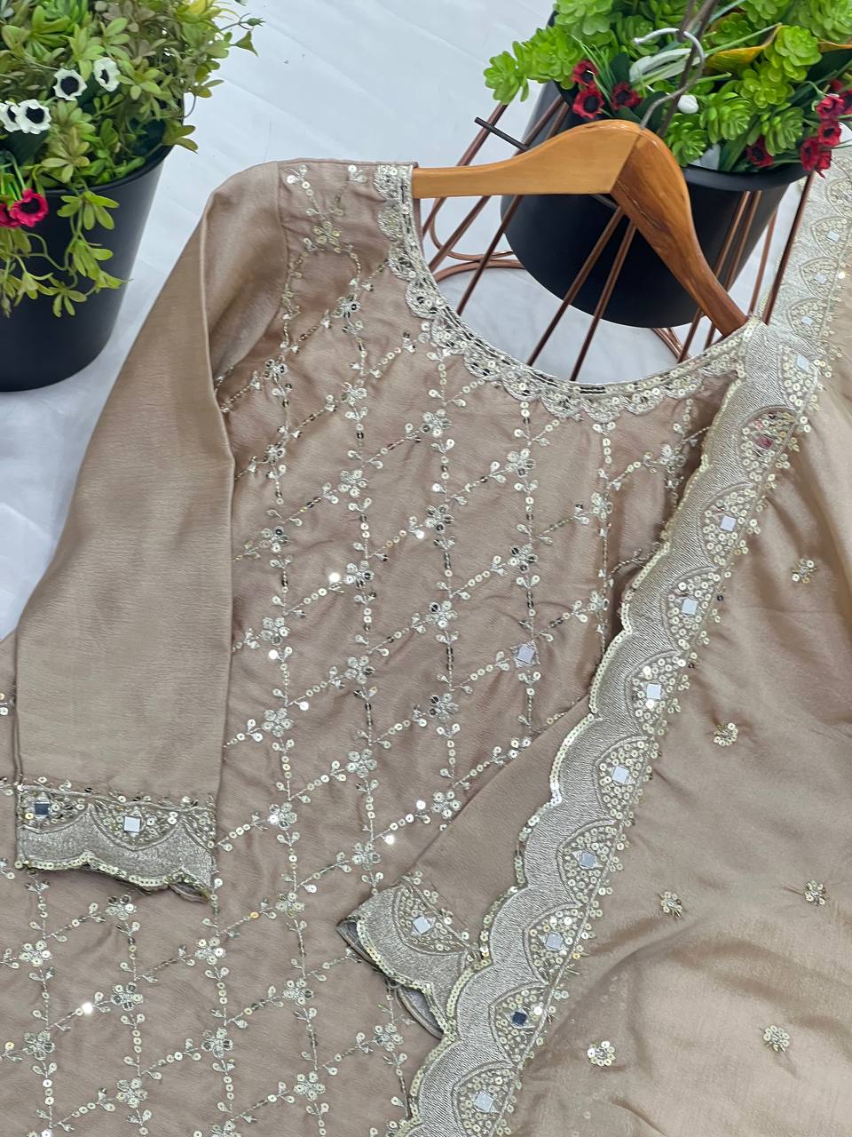 Taupe Embroidered Sharara Suit with Gold Zari and Sequin Detailing