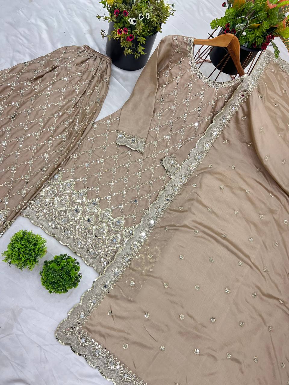 Taupe Embroidered Sharara Suit with Gold Zari and Sequin Detailing