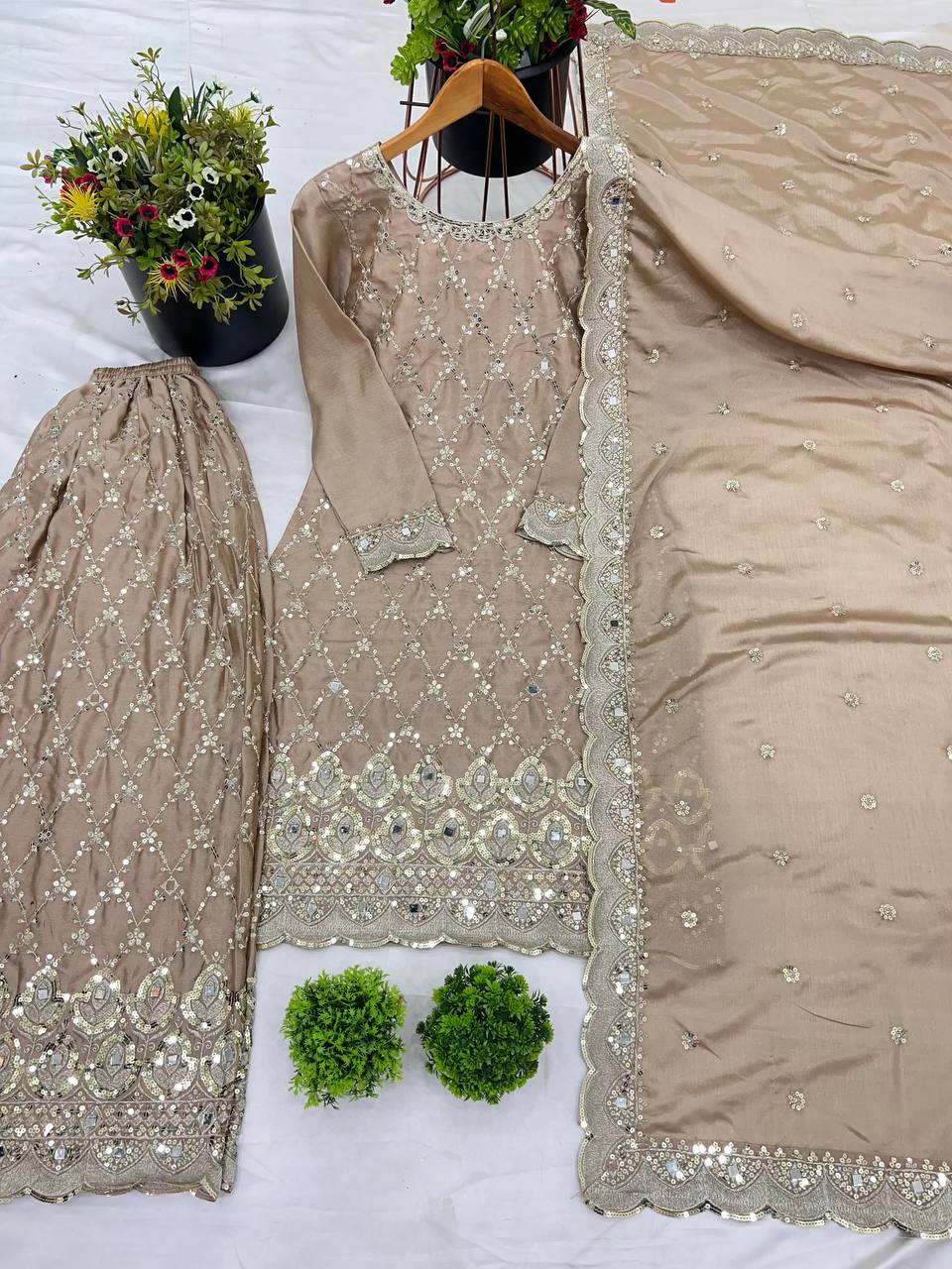Taupe Embroidered Sharara Suit with Gold Zari and Sequin Detailing