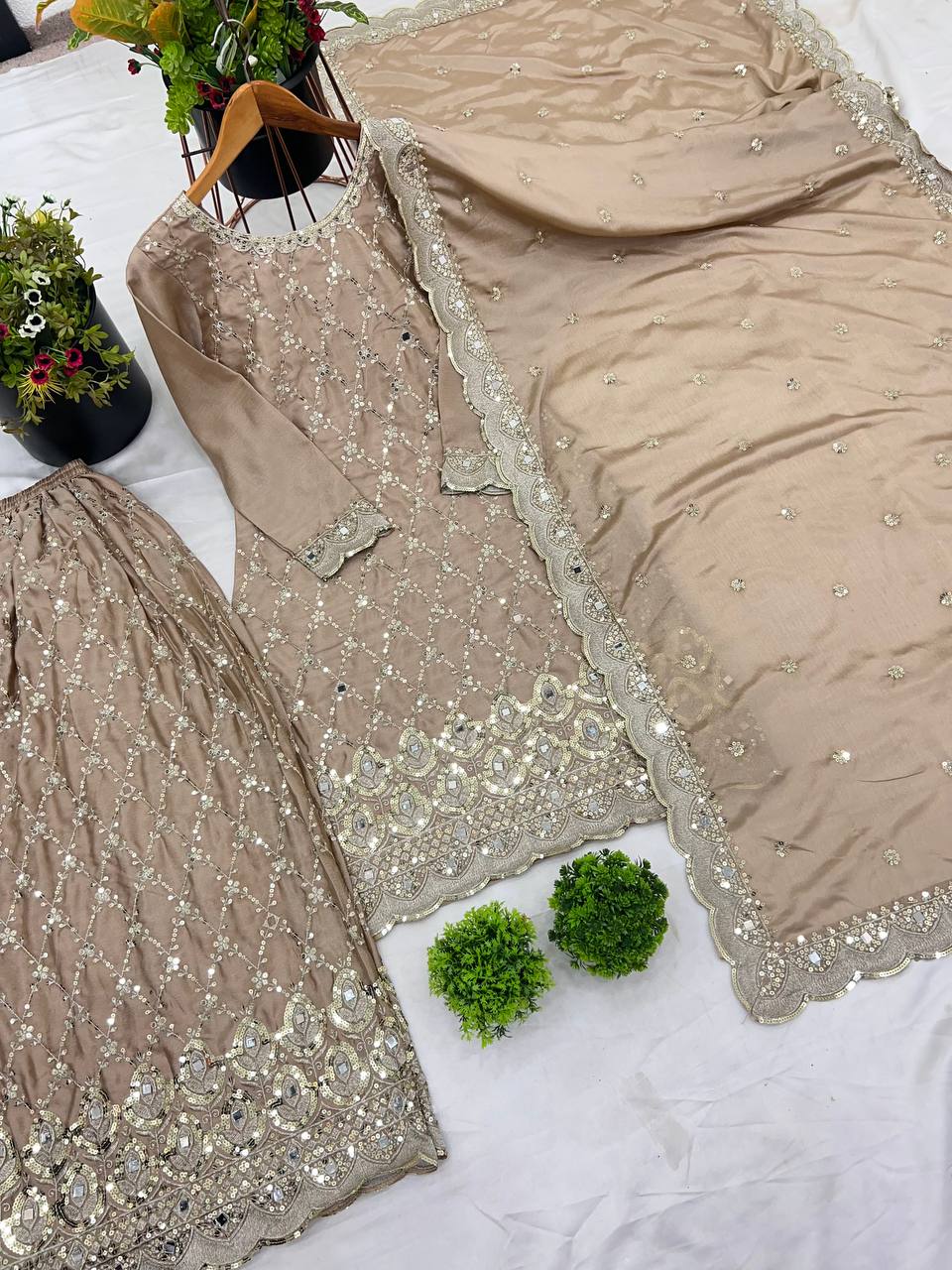 Taupe Embroidered Sharara Suit with Gold Zari and Sequin Detailing