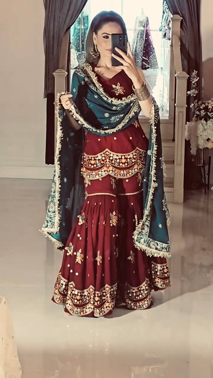 Maroon Sharara Set with Teal Embroidered Dupatta