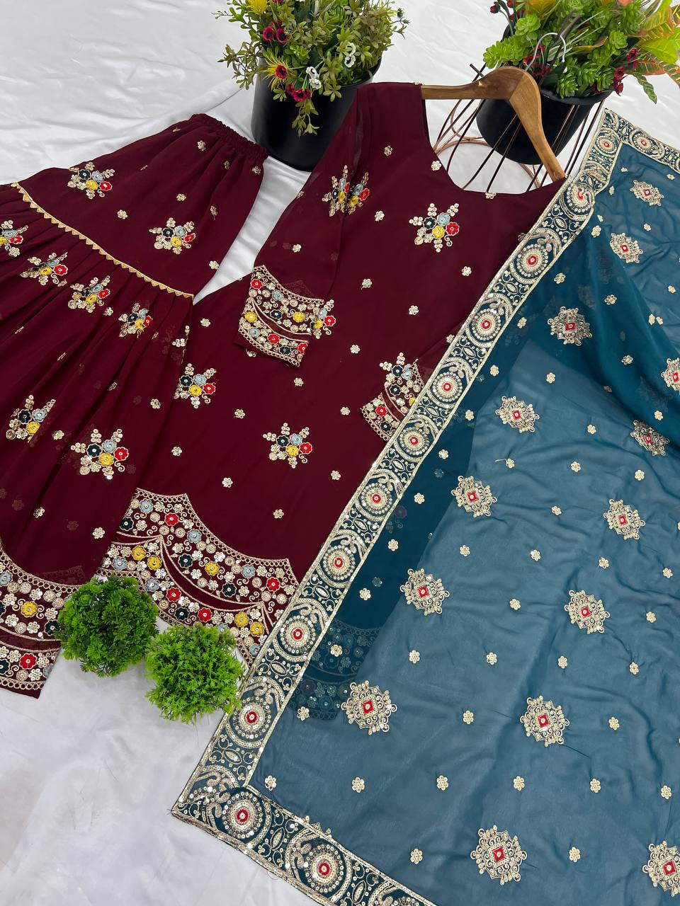 Maroon Sharara Set with Teal Embroidered Dupatta