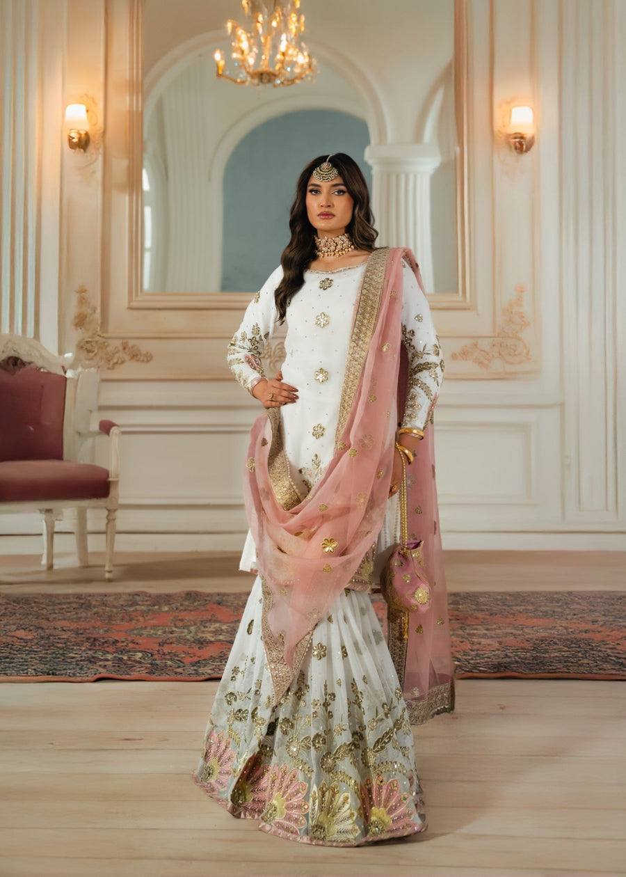 Elegant White Sharara Set with Blush Pink Embroidered Dupatta