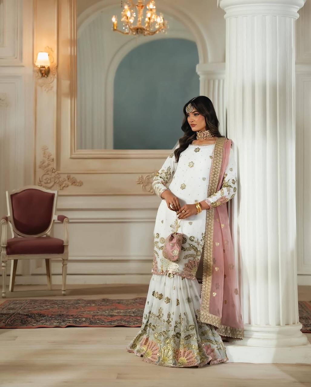 Elegant White Sharara Set with Blush Pink Embroidered Dupatta