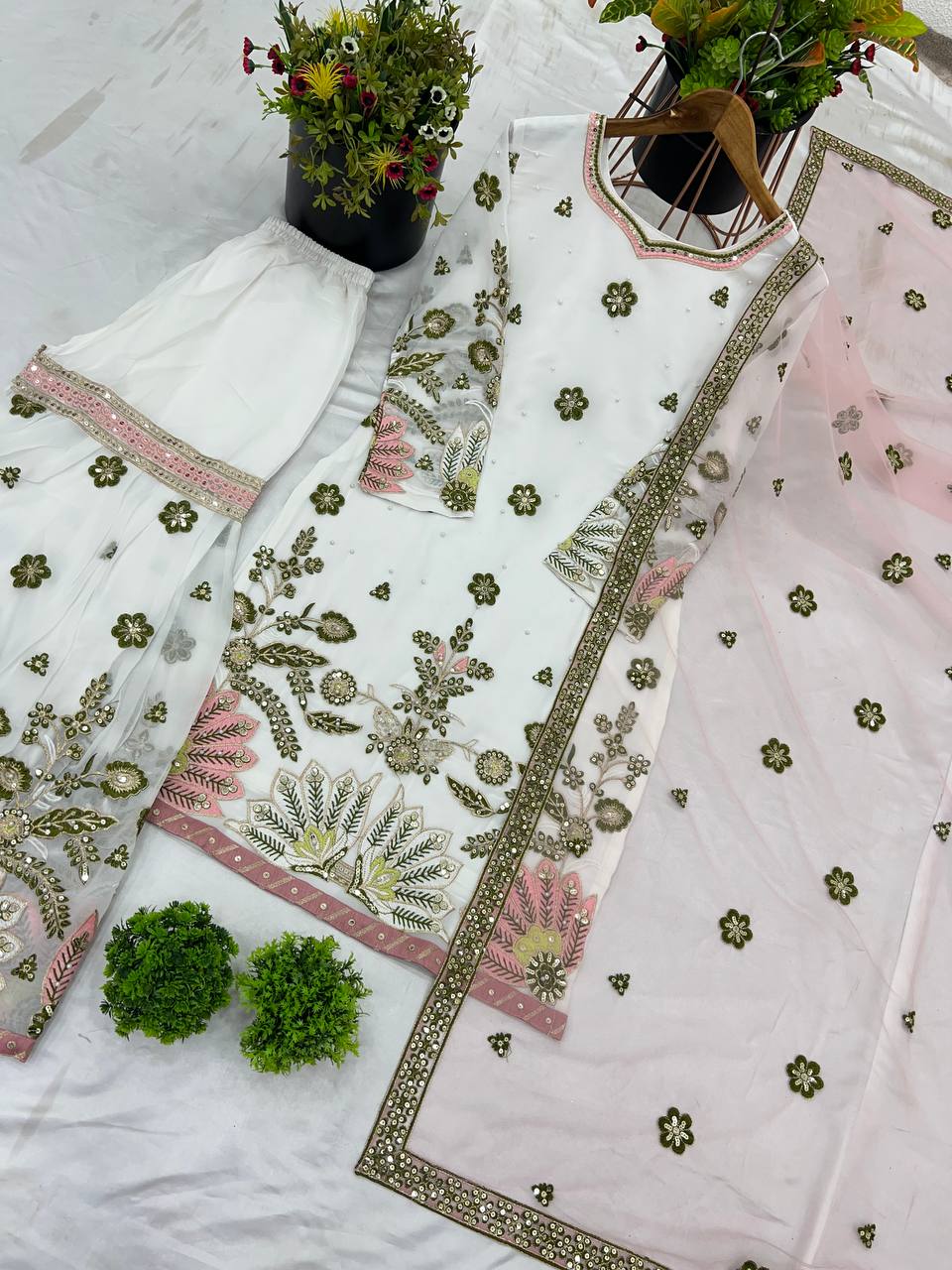 Elegant White Sharara Set with Blush Pink Embroidered Dupatta