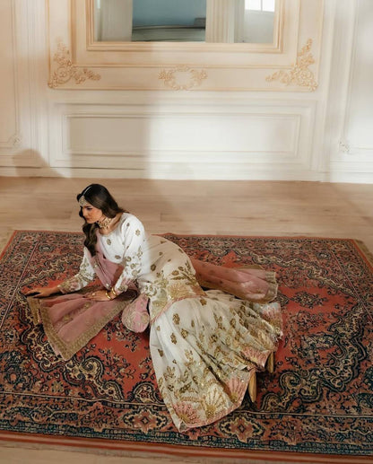 Elegant White Sharara Set with Blush Pink Embroidered Dupatta