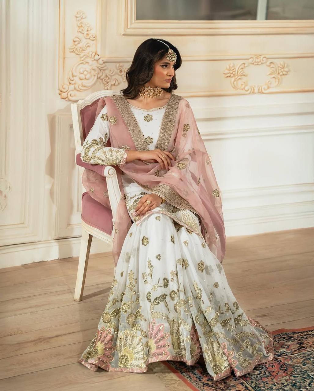 Elegant White Sharara Set with Blush Pink Embroidered Dupatta