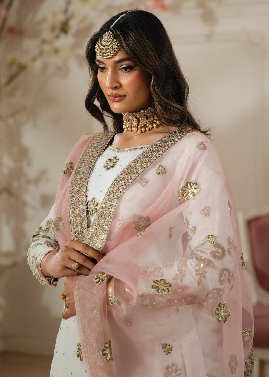 Elegant White Sharara Set with Blush Pink Embroidered Dupatta