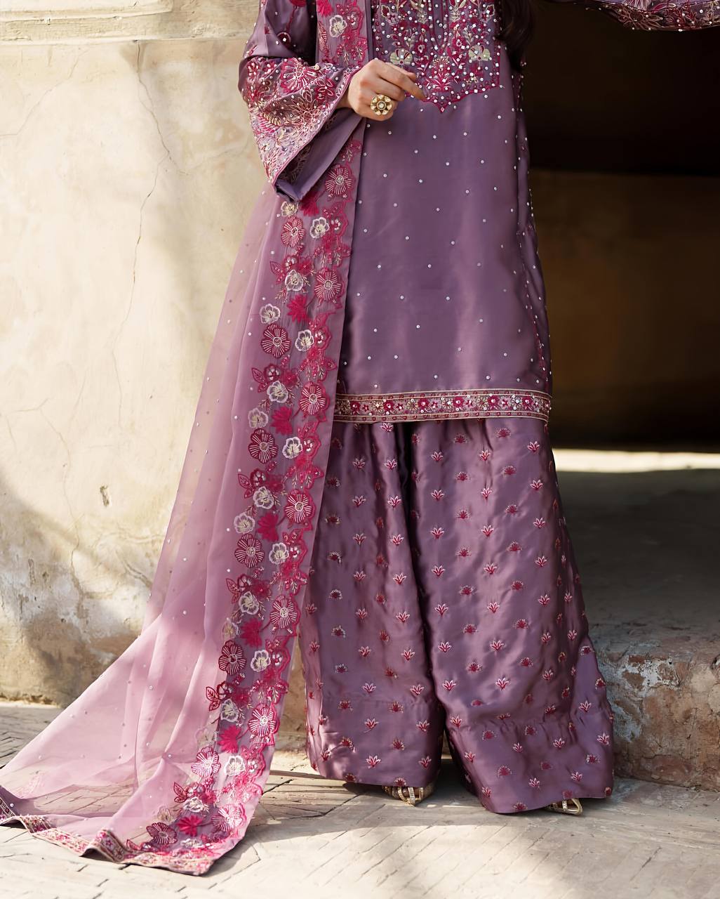Dusty Lavender Embroidered Sharara Suit with Floral Dupatta