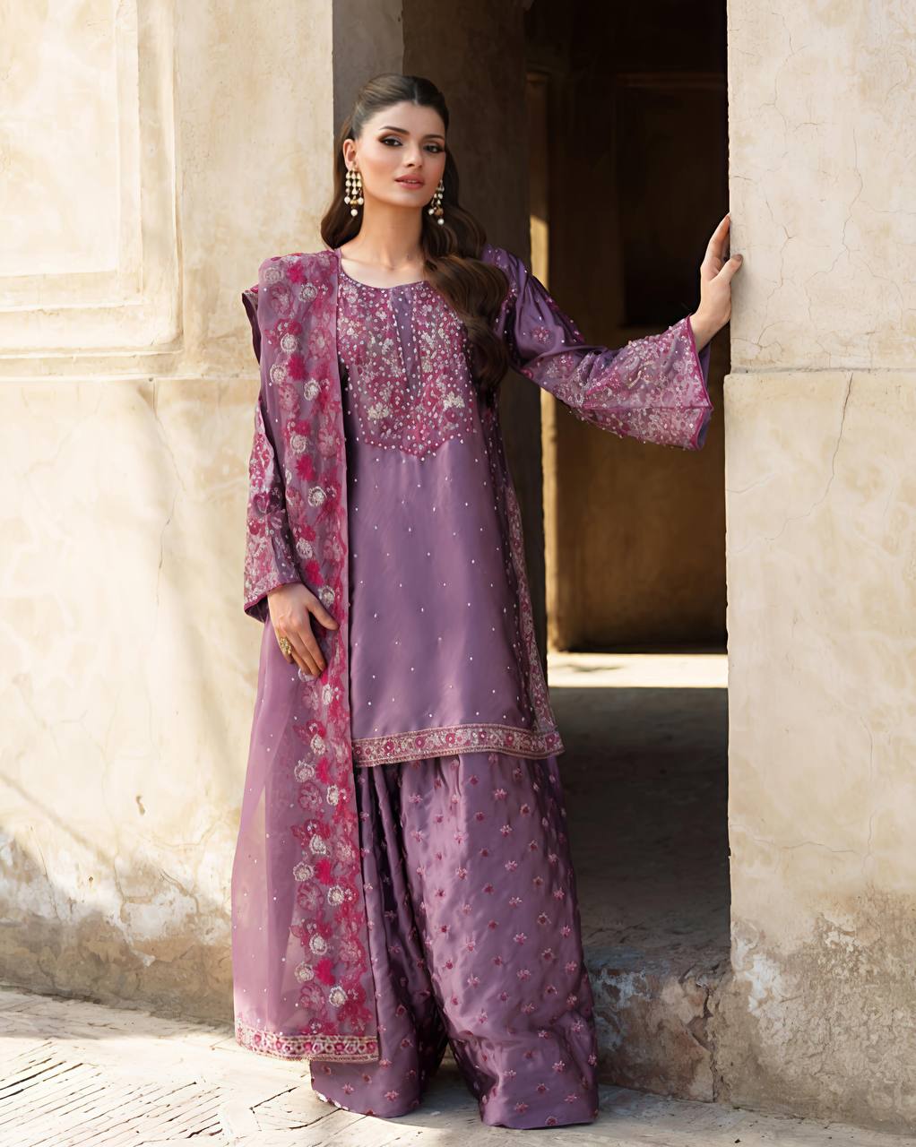 Dusty Lavender Embroidered Sharara Suit with Floral Dupatta