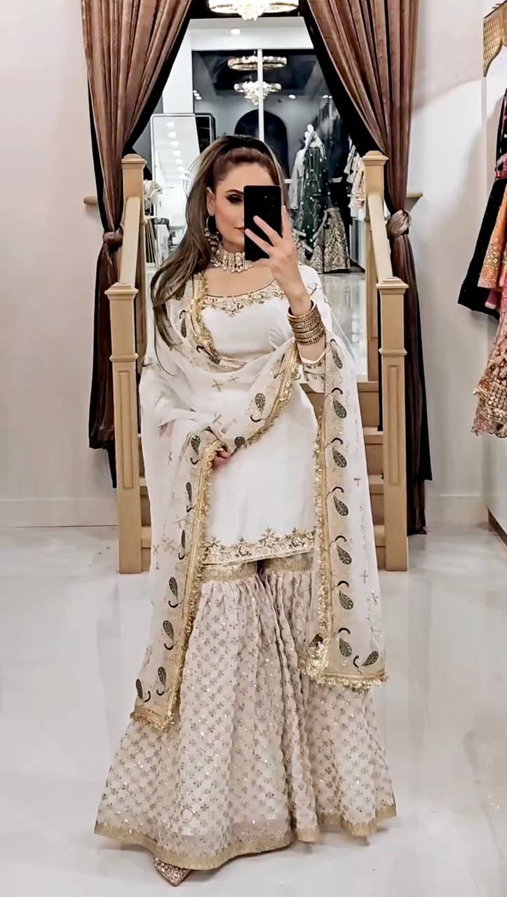 Ivory White Embroidered Sharara Suit with Golden Accents & Dupatta