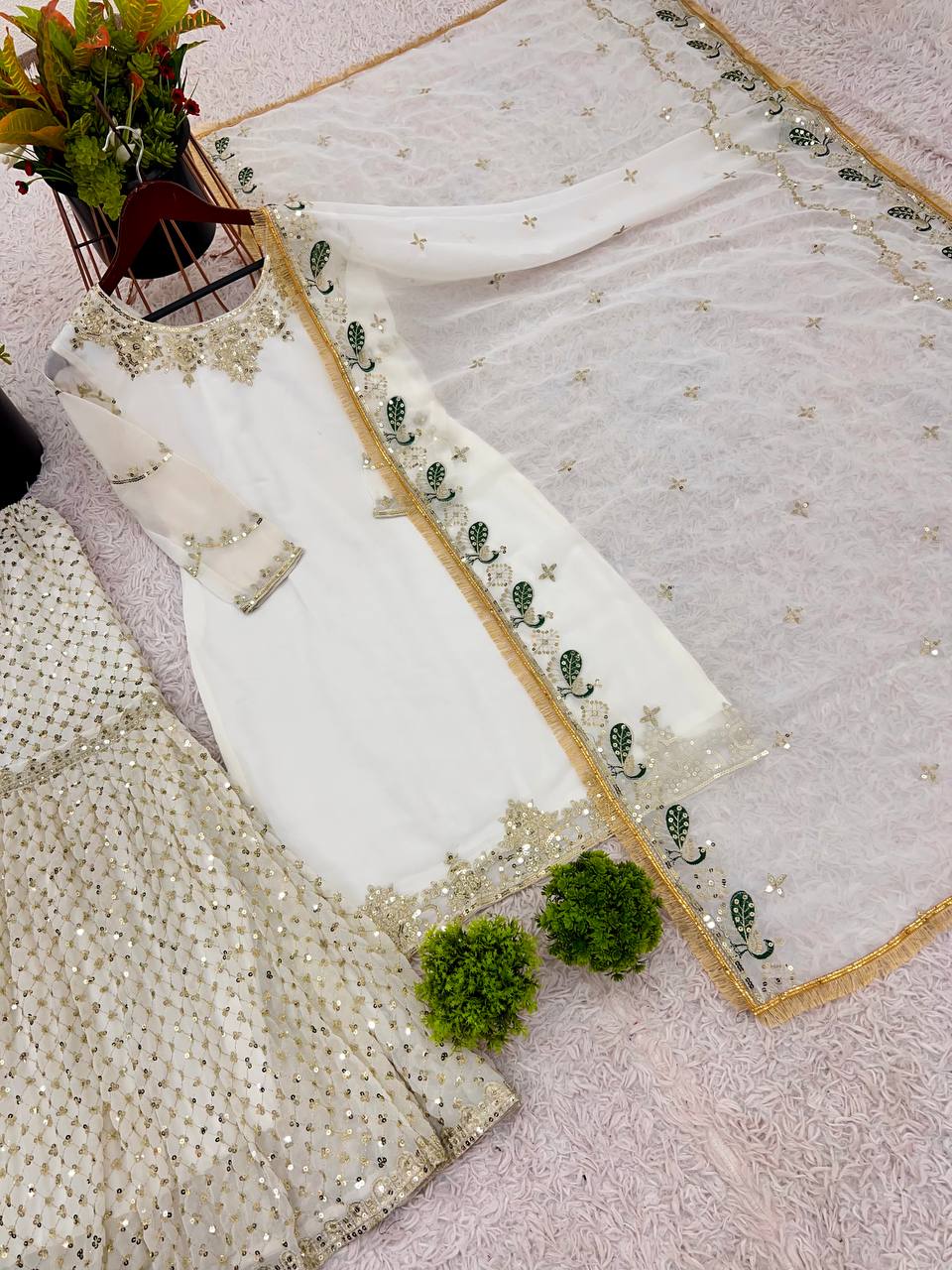 Ivory White Embroidered Sharara Suit with Golden Accents & Dupatta
