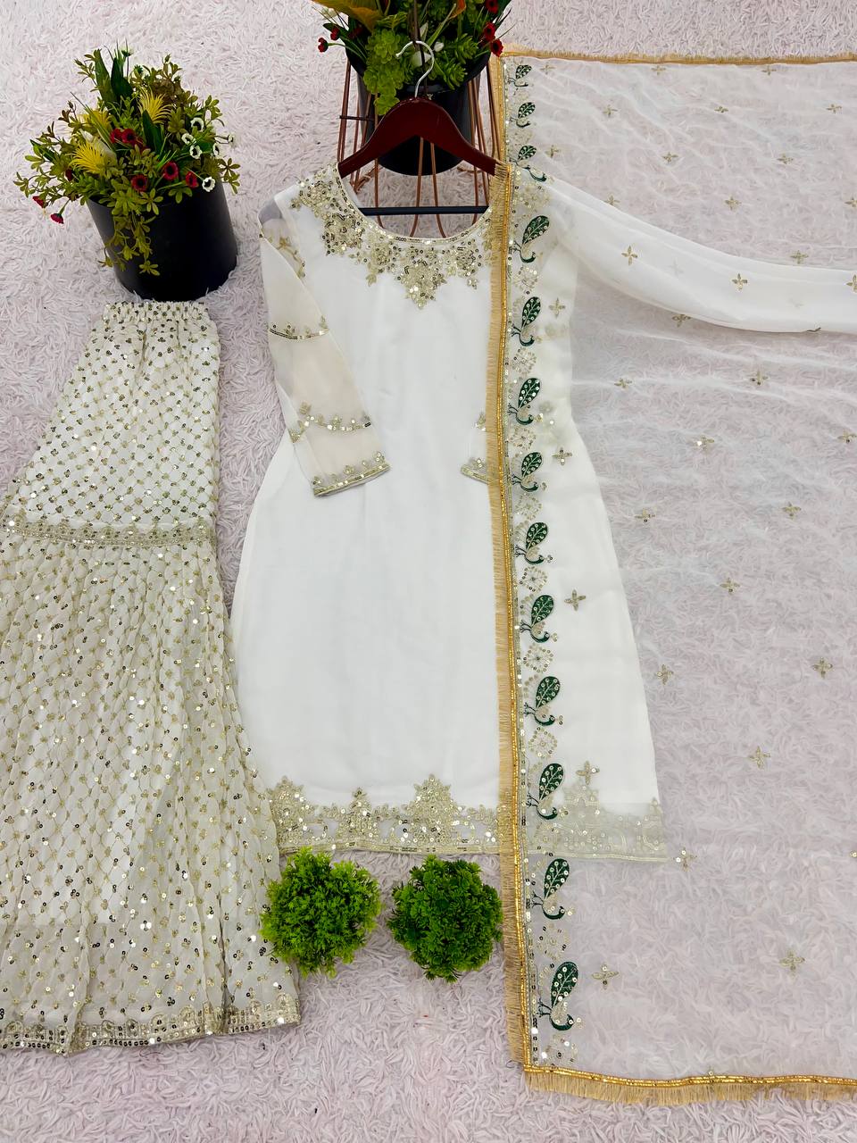 Ivory White Embroidered Sharara Suit with Golden Accents & Dupatta