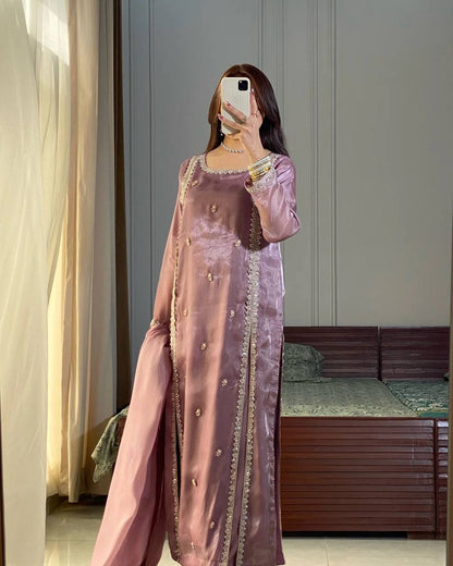 Lavender Mauve Satin Straight Suit with Minimal Embellishments & Organza Dupatta