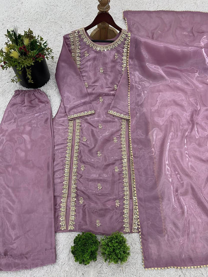 Lavender Mauve Satin Straight Suit with Minimal Embellishments & Organza Dupatta