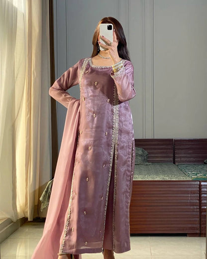 Lavender Mauve Satin Straight Suit with Minimal Embellishments & Organza Dupatta