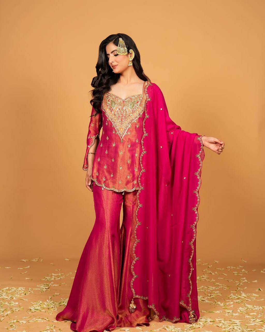 Hot Pink Hand Embroidered Short Kurti with Flared Palazzo & Dupatta