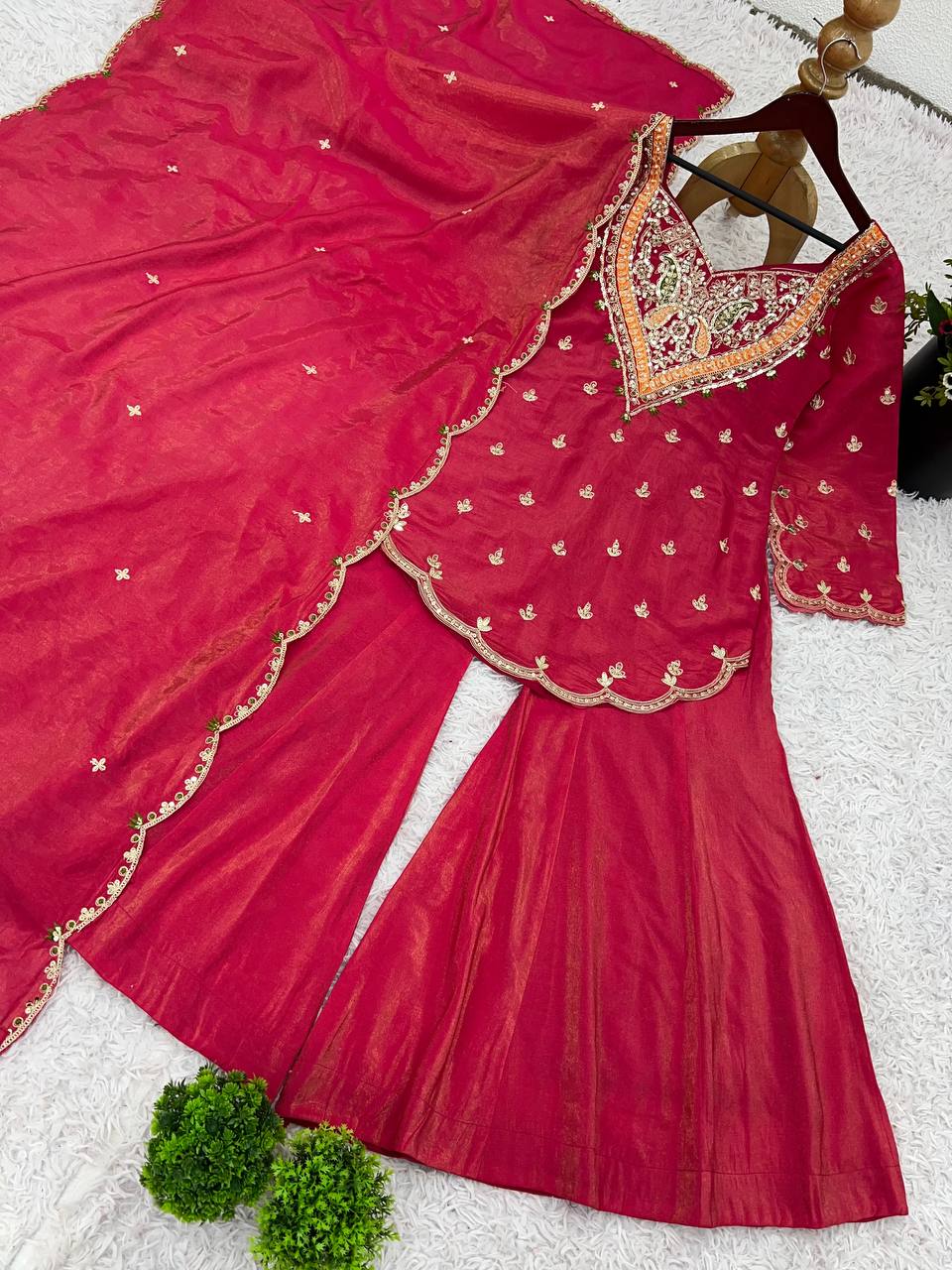 Hot Pink Hand Embroidered Short Kurti with Flared Palazzo & Dupatta