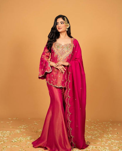 Hot Pink Hand Embroidered Short Kurti with Flared Palazzo & Dupatta