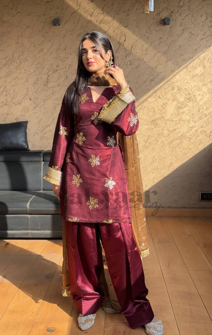 Deep Maroon Silk Straight Kurti with Palazzo & Organza Dupatta