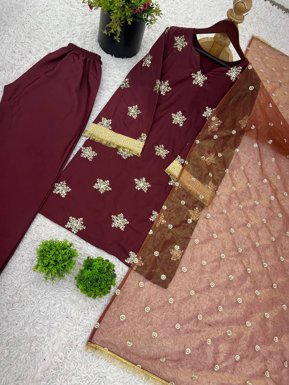 Deep Maroon Silk Straight Kurti with Palazzo & Organza Dupatta