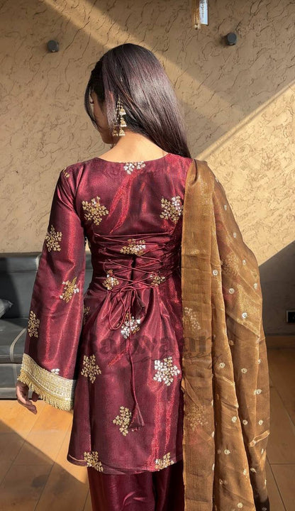 Deep Maroon Silk Straight Kurti with Palazzo & Organza Dupatta