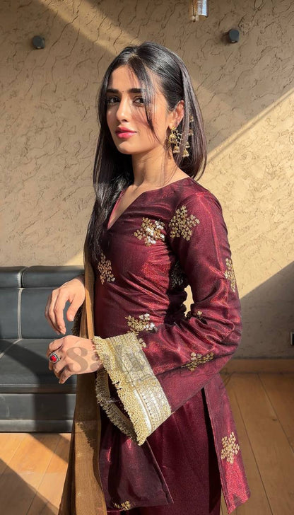 Deep Maroon Silk Straight Kurti with Palazzo & Organza Dupatta