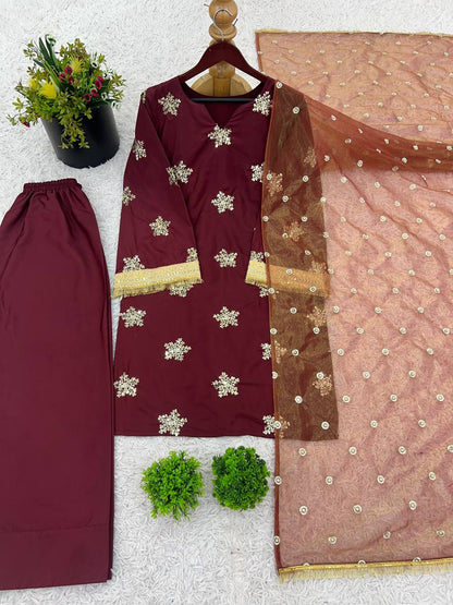 Deep Maroon Silk Straight Kurti with Palazzo & Organza Dupatta