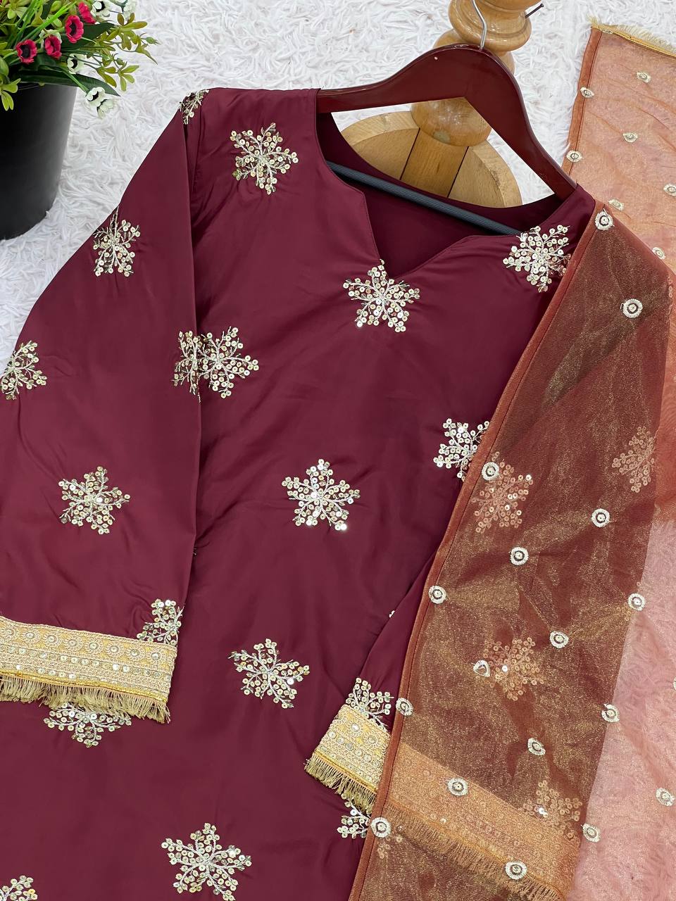 Deep Maroon Silk Straight Kurti with Palazzo & Organza Dupatta