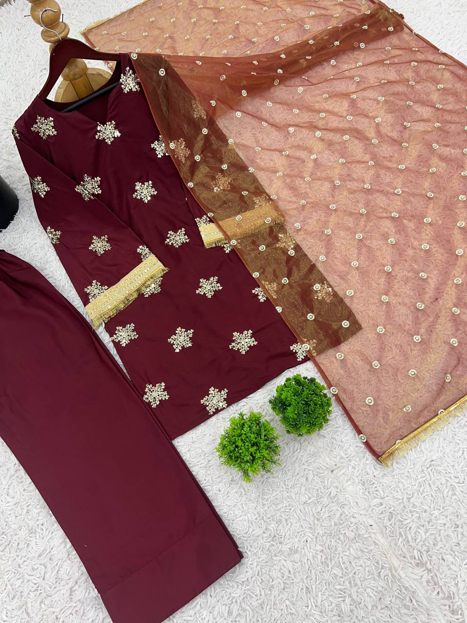 Deep Maroon Silk Straight Kurti with Palazzo & Organza Dupatta