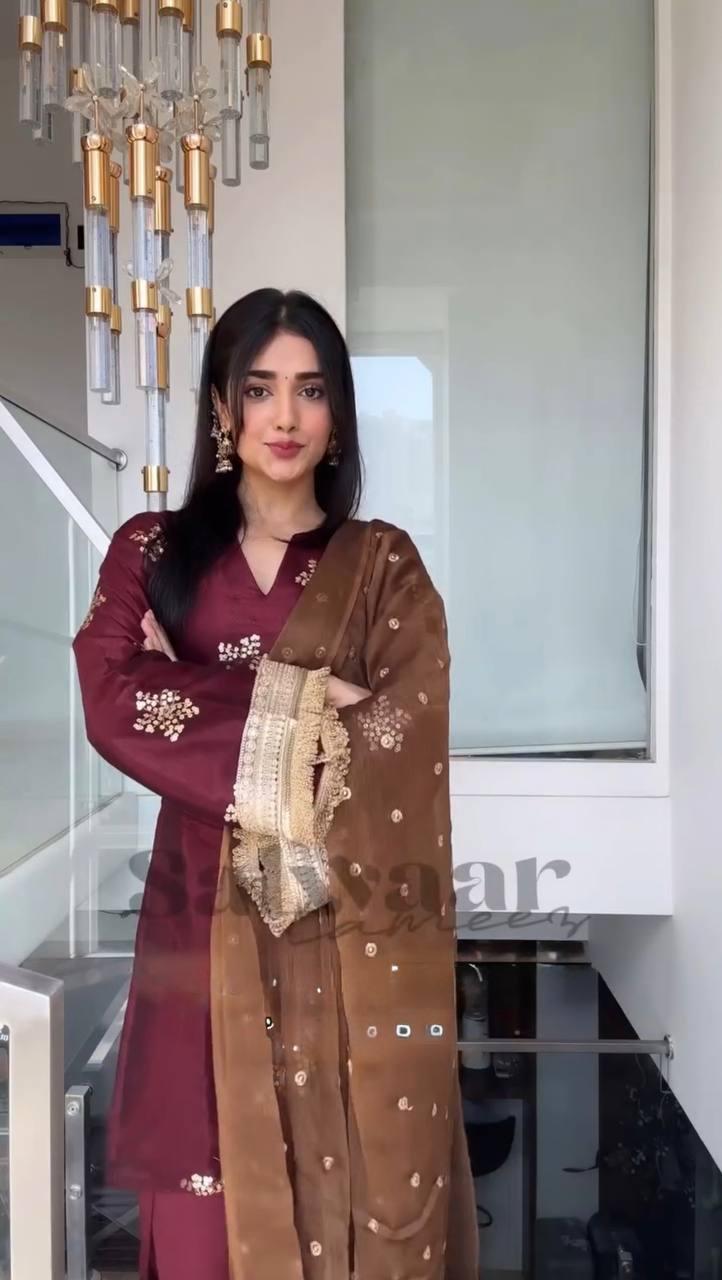 Deep Maroon Silk Straight Kurti with Palazzo & Organza Dupatta