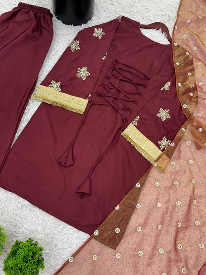 Deep Maroon Silk Straight Kurti with Palazzo & Organza Dupatta