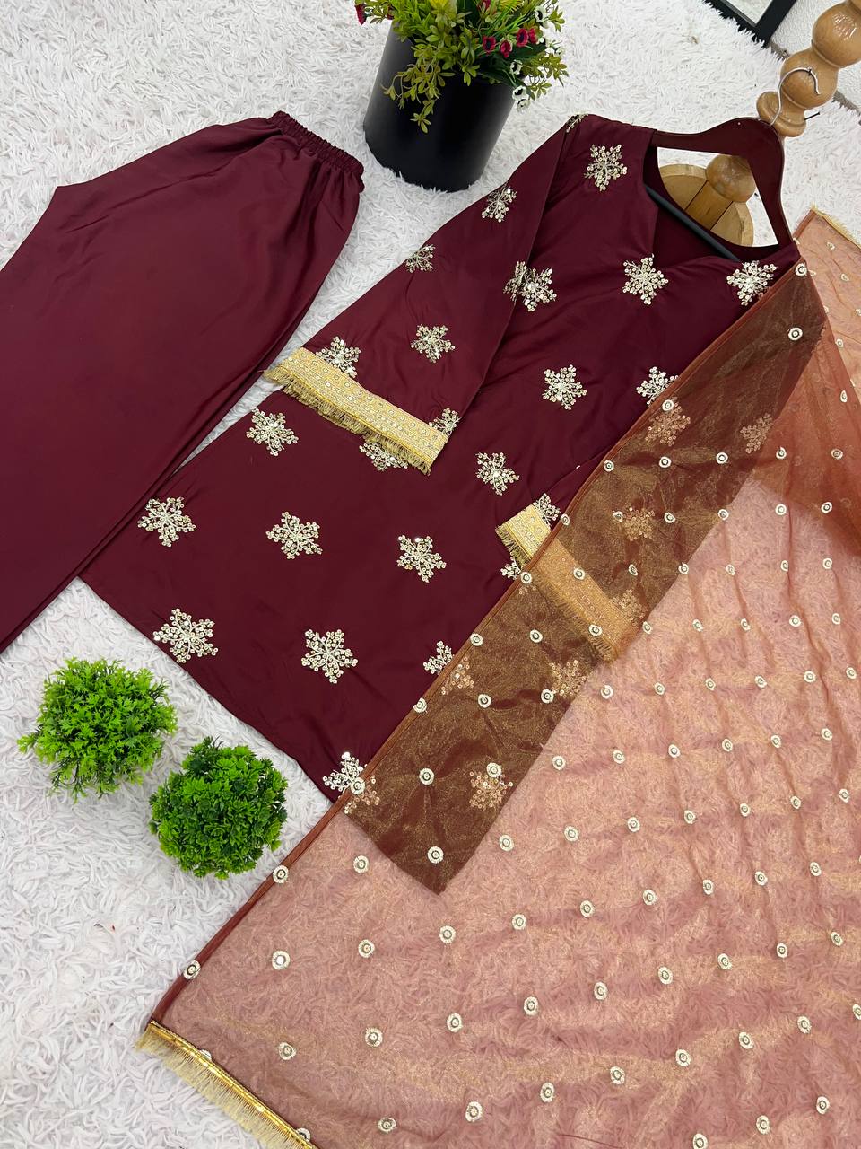 Deep Maroon Silk Straight Kurti with Palazzo & Organza Dupatta