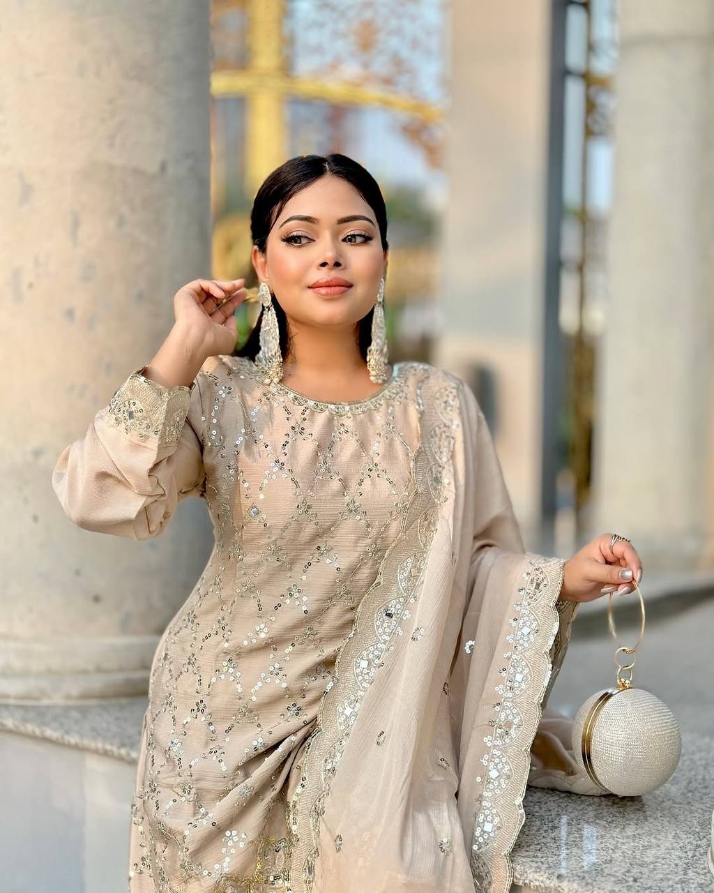 Champagne Gold Heavy Embroidered Straight Suit with Palazzo & Dupatta