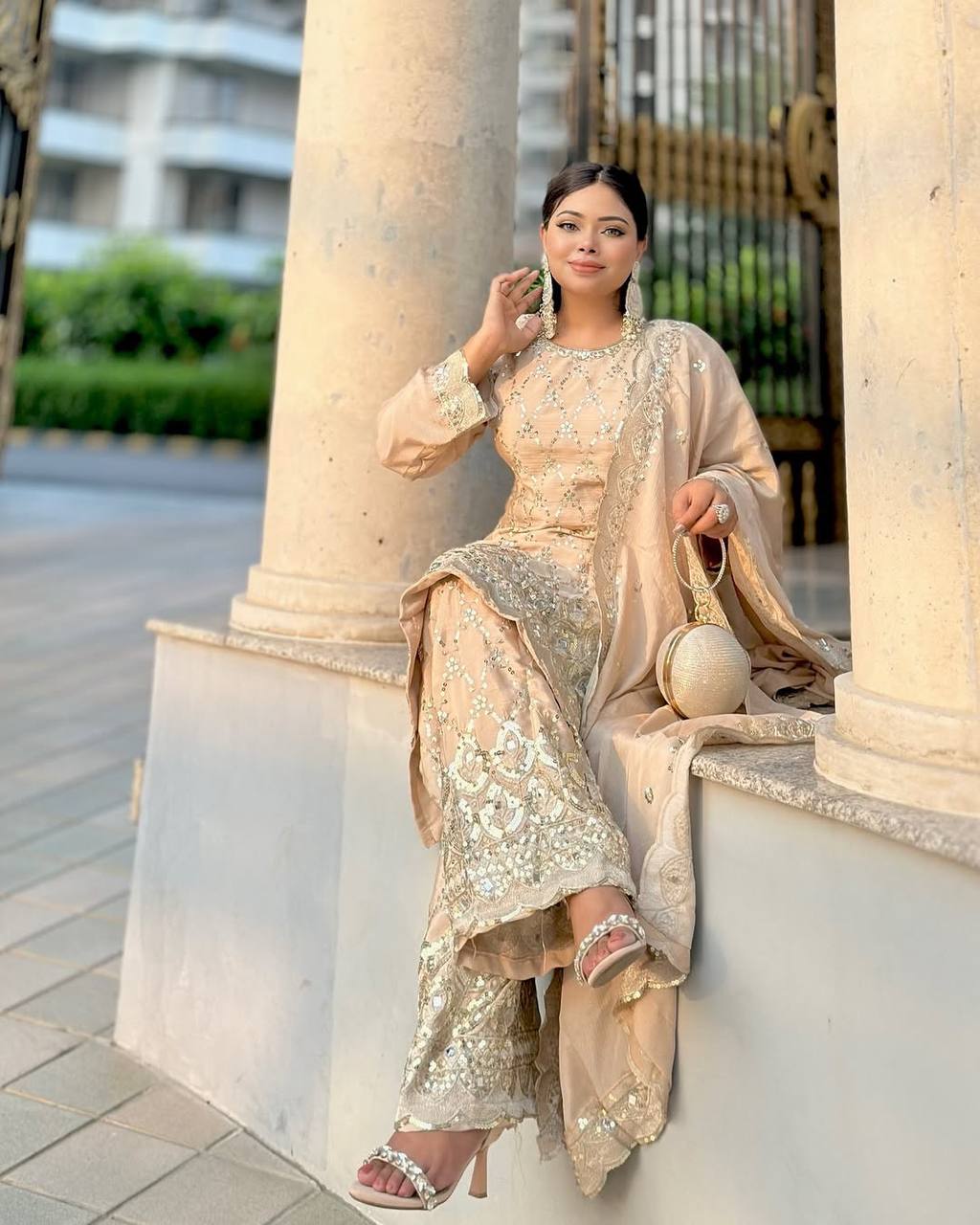 Champagne Gold Heavy Embroidered Straight Suit with Palazzo & Dupatta