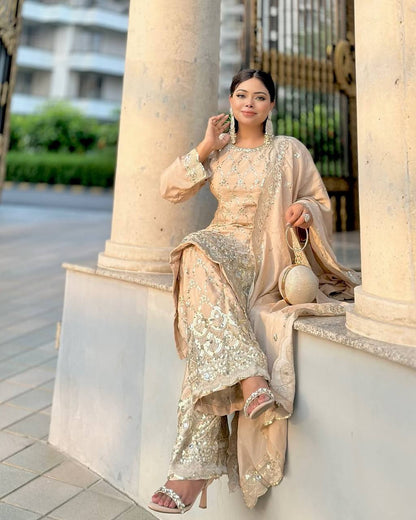 Champagne Gold Heavy Embroidered Straight Suit with Palazzo & Dupatta