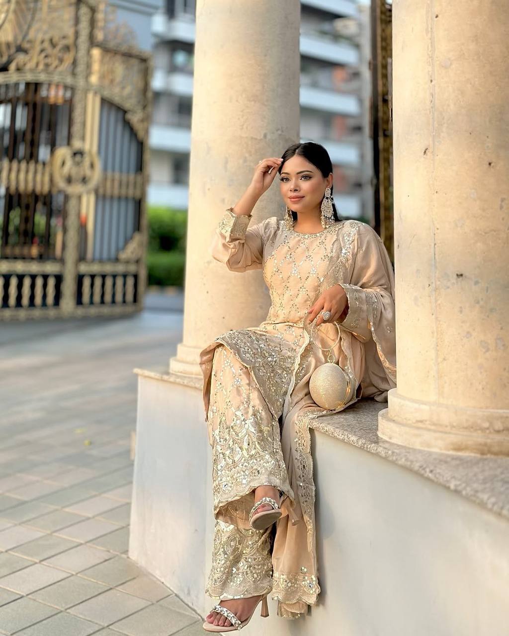 Champagne Gold Heavy Embroidered Straight Suit with Palazzo & Dupatta