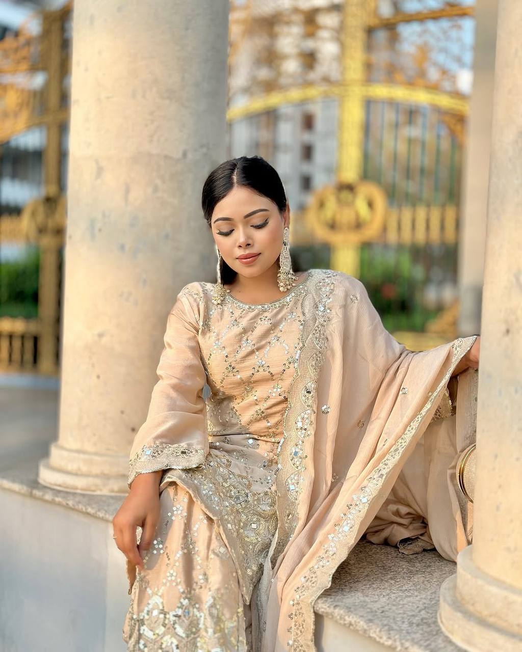 Champagne Gold Heavy Embroidered Straight Suit with Palazzo & Dupatta