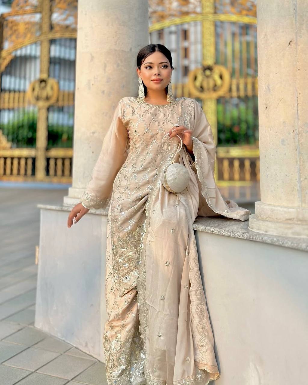 Champagne Gold Heavy Embroidered Straight Suit with Palazzo & Dupatta