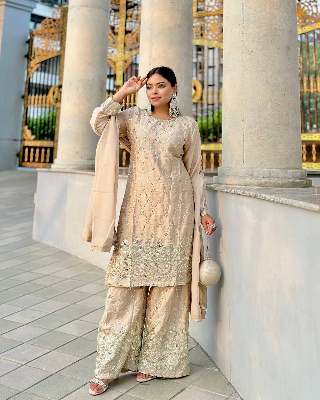 Champagne Gold Heavy Embroidered Straight Suit with Palazzo & Dupatta