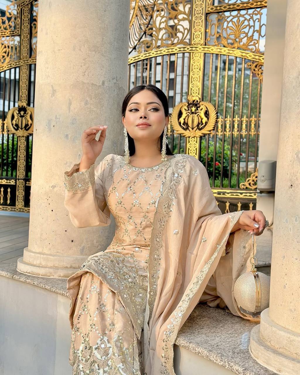 Champagne Gold Heavy Embroidered Straight Suit with Palazzo & Dupatta